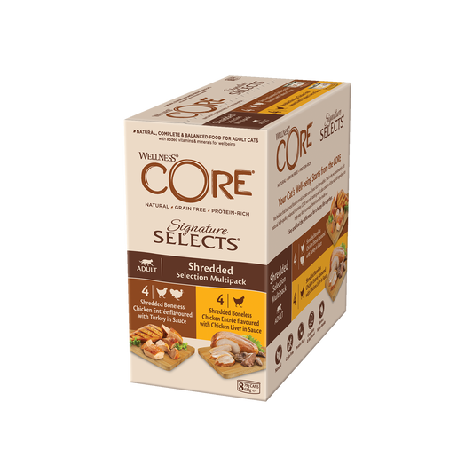 ويلنس كور مولتي باك علب دجاج وكبد الدجاج ×4 ودجاج وديك رومي ×4 في صوص للقطط 8×79 جم