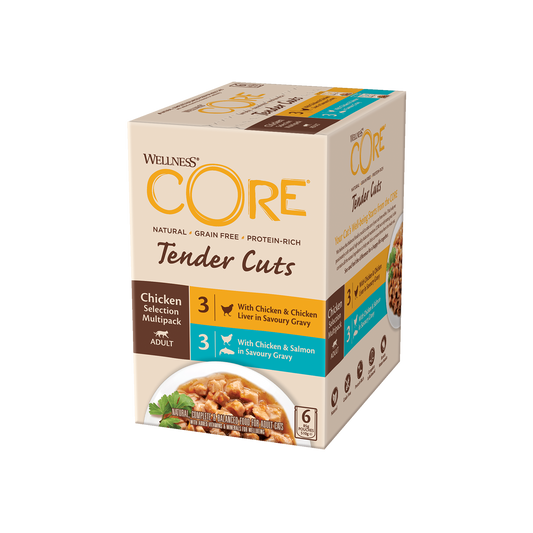 ويلنس كور مولتي باك أكياس دجاج وكبد الدجاج ×3 ودجاج وسمك السلمون ×3 في المرق للقطط 6×85 جم
