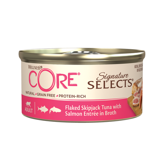اكل قطط رطب رخيص ويلنس كور سيجناتشر سيلكتس تونة وسمك السلمون في مرق 79 جم