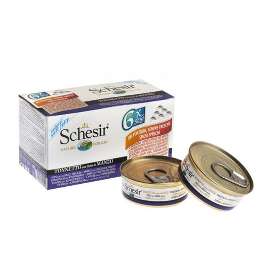 اكل قطط شيزر معلبات متعددة تونا مع اللحم البقري في الجيلي 6×50 جم