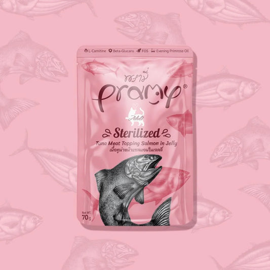 برامي طعام رطب بالتونا والسلمون في الجيلي للقطط المعقمة البالغة  70 غم