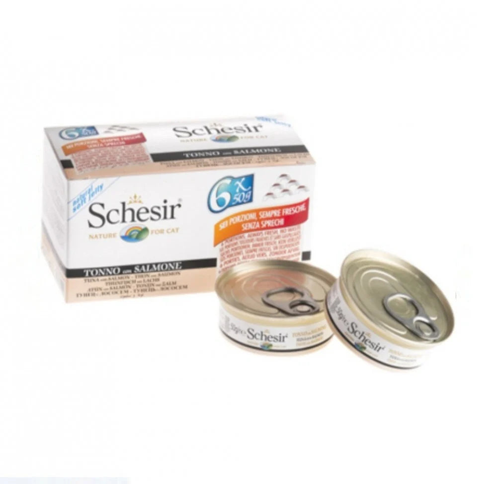 2- اكل قطط شيزر معلبات متعددة تونا مع سمك السلمون في الجيلي 6×50غ