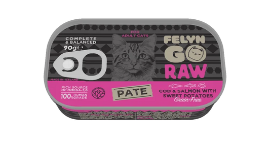 فيلين جو راو سي آند بي باتيه سمك القد والسلمون مع البطاطا الحلوة للقطط 90 جم