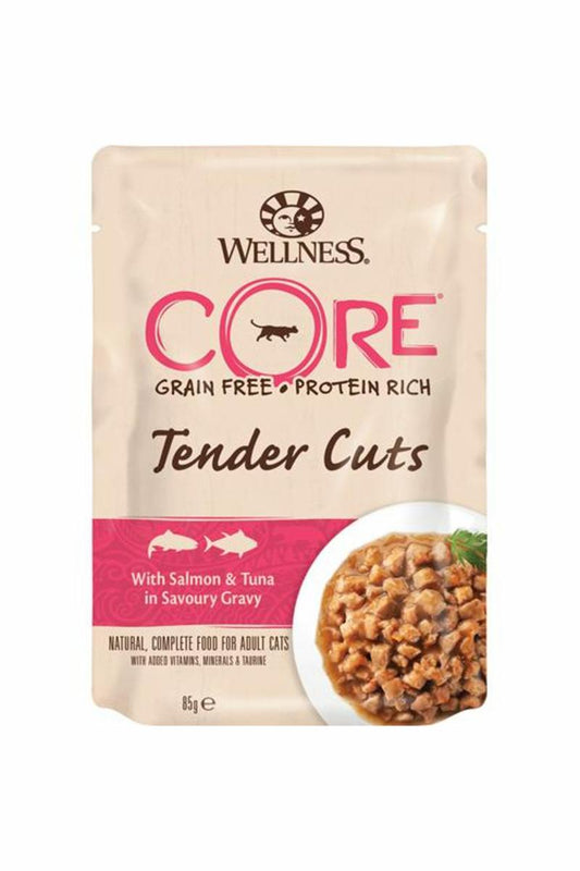 ويلنس كور تندر كتس أكياس تونة وسمك السلمون في المرق للقطط 85 جم