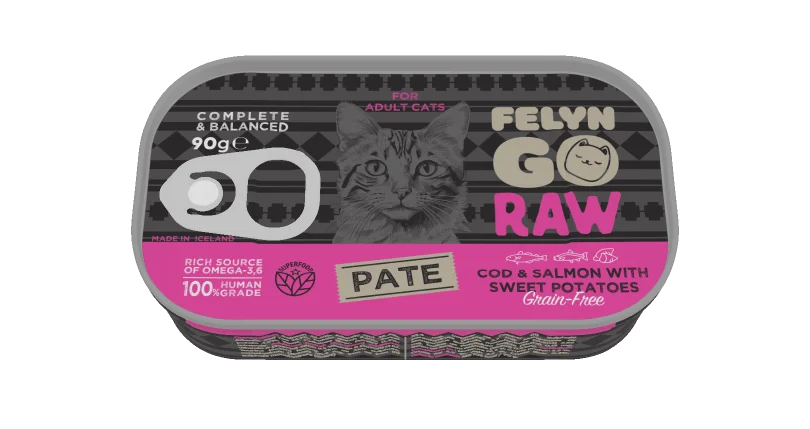 فيلين جو راو سي آند بي باتيه سمك القد والسلمون مع البطاطا الحلوة للقطط 90 جم